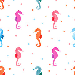 Seamless pattern with watercolor sea horses. Vector colorful seahorse background. © Afanasia