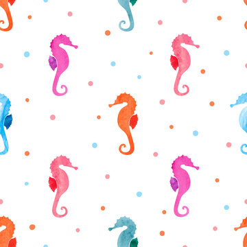 Seamless pattern with watercolor sea horses. Vector colorful seahorse background.