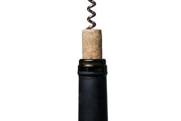 Wine cork, a part of a corkscrew and bottleneck isolated on white background
