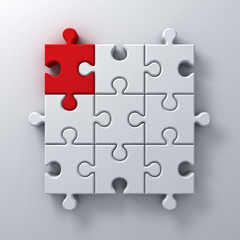 One red jigsaw puzzle piece stand out from the white crowd different concept on white wall background with shadow 3D rendering
