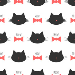 Silhouette of a cat's head, bow, text Meow! Seamless pattern.