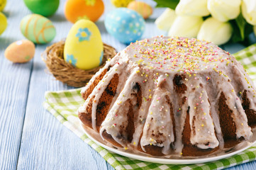 Easter cake on easter festive table. Copy space.