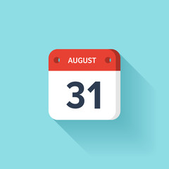 August 31. Isometric Calendar Icon With Shadow.Vector Illustration,Flat Style.Month and Date.Sunday,Monday,Tuesday,Wednesday,Thursday,Friday,Saturday.Week,Weekend,Red Letter Day. Holidays 2017.