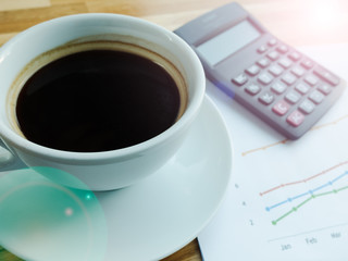 a cup of coffee and Calculator