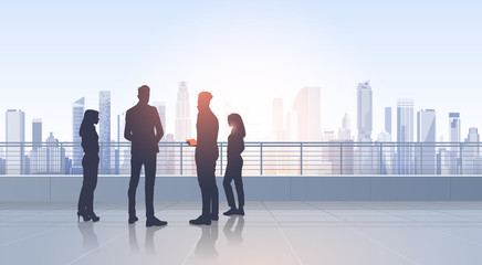Business People Group Silhouettes Over City Landscape Modern Office Buildings Vector Illustration
