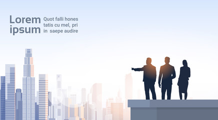 Business People Group Silhouettes On Office Building Roof Over City Landscape Vector Illustration