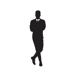 Business Man Black Silhouette Folded Hands Full Length Over White Background Vector Illustration
