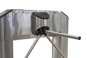 The tripod turnstile with electronic card reader is closed