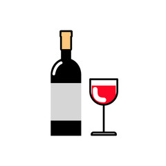 Bottle of wine and a glass of red wine. Alcoholic beverages. Icons