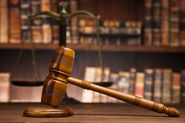 Law and justice concept, Brown wooden background