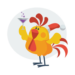 Rooster Bird Drinks Champagne. Cock in Santa s Hat