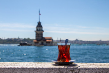 Turkish tea on the background of the Maiden Tower