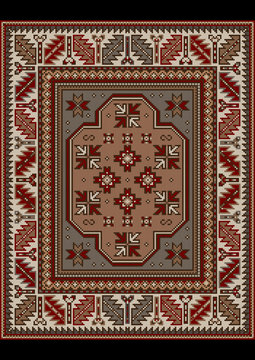 Vintage carpet with ethnic ornament in burgundy and gray colors
