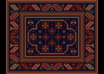 Vintage carpet with  ethnic ornament in burgundy and dark blue colors

