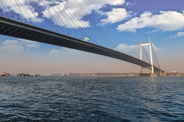 Fototapeta na wymiar Vidyasagar Setu also known as the Second Hooghly river bridge is a cable stayed bridge connecting the city of Kolkata with Howrah district.