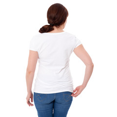 Shirt design and people concept - close up of woman in blank white t-shirt rear isolated. Clean empty mock up template for design.