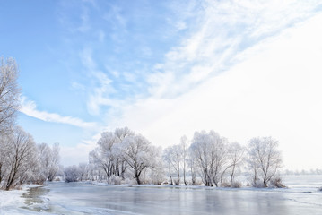 Landscape with frozen water, ice and snow on the Dnieper river in Kiev, Ukraine, during winter