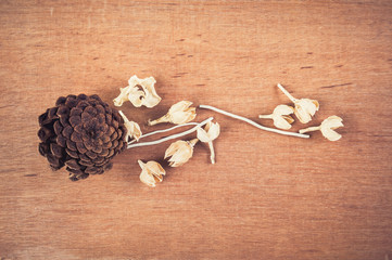Dry pine cones, dried flowers, placed on a wooden floor.