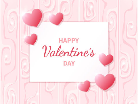 Happy Valentine's Day greeting card with white and pink hearts. Lettering in the middle. Romantic Gift background. Vector Illustration.