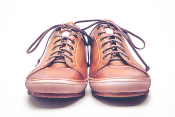 man leather brown shoes on white background.