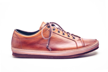 man leather brown shoes on white background.