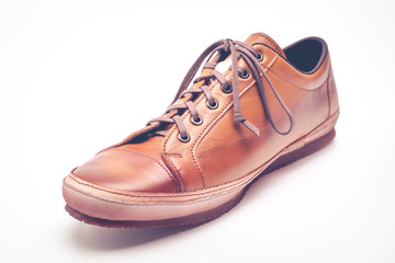 man leather brown shoes on white background.
