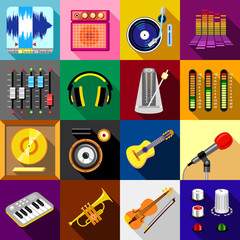 Recording studio symbols icons set, flat style