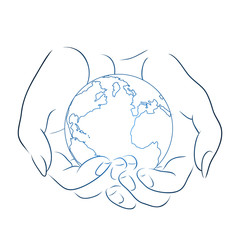 Contour illustration of female hands holding a globe. Vector element for your design