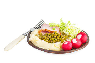Mashed potato with ham and vegetables