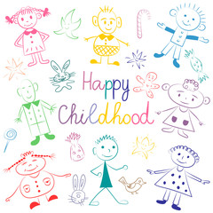 Happy Childhood. Colorful Cute Kids with Toys, Stars and Candies. Funny Children Drawings. Sketch Style. Vector Illustration.