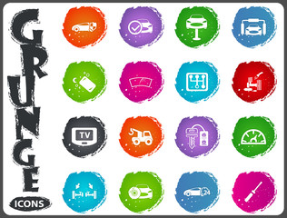 Car shop icons set in grunge style