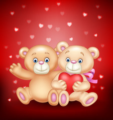 Illustration of cute couple of teddy bear hugging heart