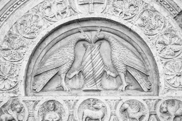 (Assisi, Umbria, Italy)- Stone carved decorations in Saint Francis of Assisi basilica, neo-gothic style. (black and white).
