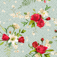 Rose and Lilly Flowers Background. Vector Seamless Floral Pattern