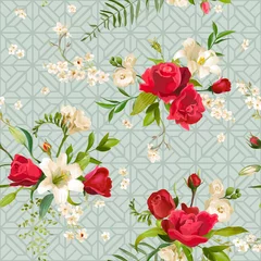 Poster Rose and Lilly Flowers Background. Vector Seamless Floral Pattern © wooster