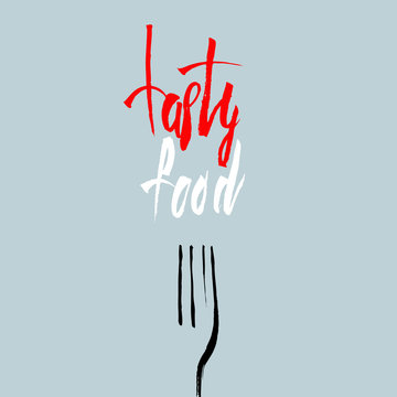 Banner of fork with text 'tasty food'. Background for restaurant. Logo design.