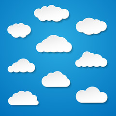 Clouds vector set. White icons on blue background.