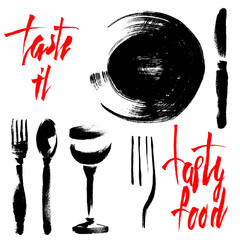 Set of fork, knife, plate, glass, spoon and text isolated on white. Sketch of silverware.