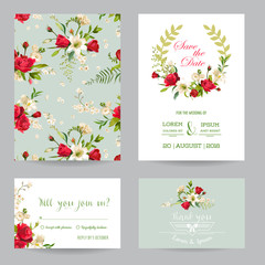 Save the Date Wedding Invitation or Congratulation Card Set. Rose Flowers Theme