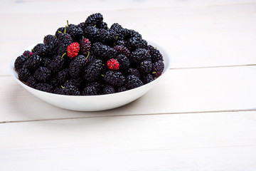 mulberry in white plate, top view