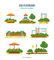 Kids playground: sandpit, slide, swing, football field, stairs, carousel, park