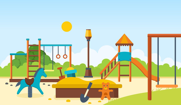 Kids playground, horizontal bars and swings, walking park, children's toys.