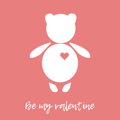 Happy Valentine's Day. White teddy bear with red heart on a pink background. Greeting card.