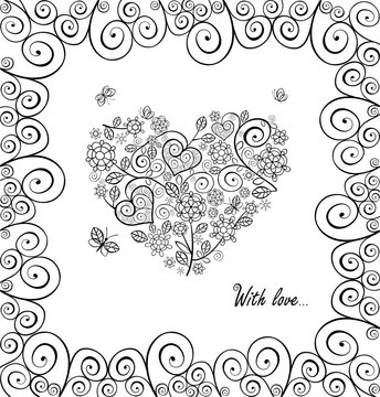 Love black and white concept for Wedding design with lacy curled hearts