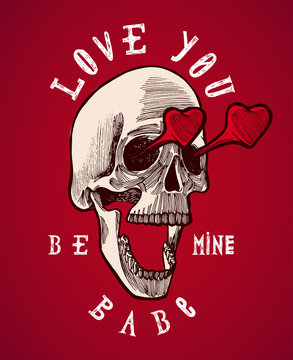 skull in love valentines grunge card.