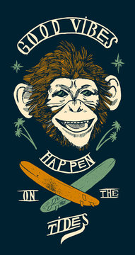 good vibes on the tides monkey and surfboards surfing print.