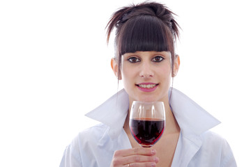 young woman drinks a glass of red wine, on white