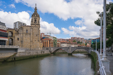 The church Iglesia de San Anton at the Nervion river in Bilbao. The church, constructed 1510, is a Catholic temple located in the Old Town. It is build in gothic style with baroque elements