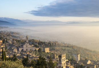 Fototapeta na wymiar Assisi (Umbria), UNESCO world heritage site scenic panorama at sunset, golden hour.