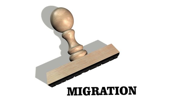 migration - Wooden stamp with the word migration isolate on white background